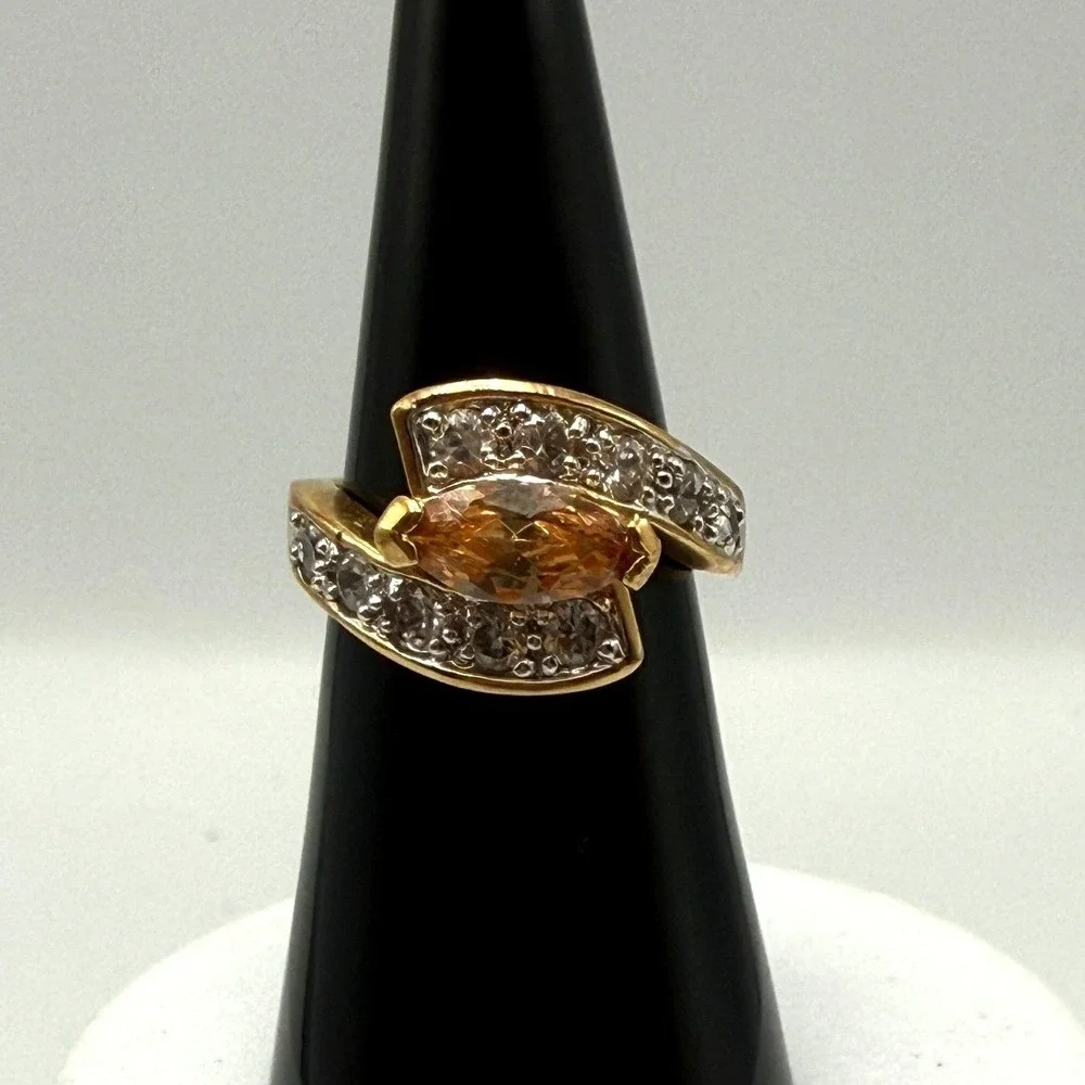 EDCO Gold Tone Champagne Marquise Bypass Ring with Clear Accents Size 6.25